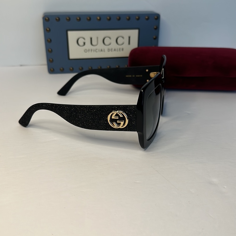 New Authentic GUCCI Square Frame Glitter GG0102S 001 Sunglasses Black - Picture 5 of 11